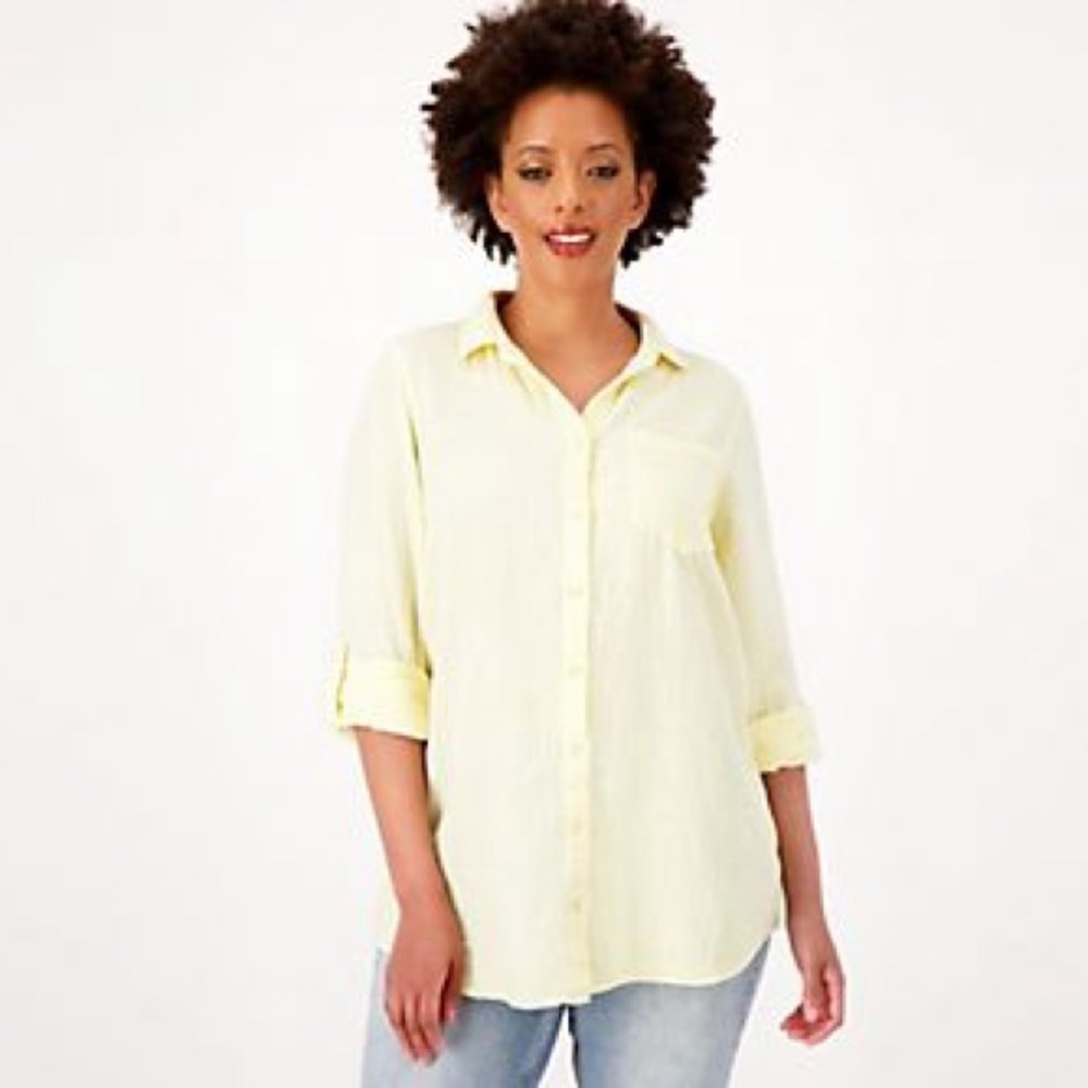 Side Stitch Regular Plush Crinkle Gauze spring pale yellow Button Front Tunic L